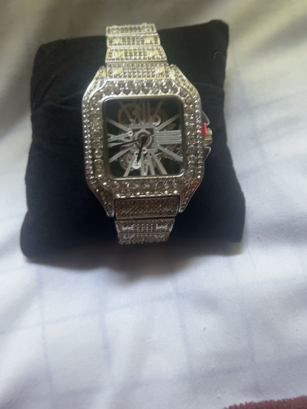 Silver Crystal Men's Skeleton Dial Stainless Watch